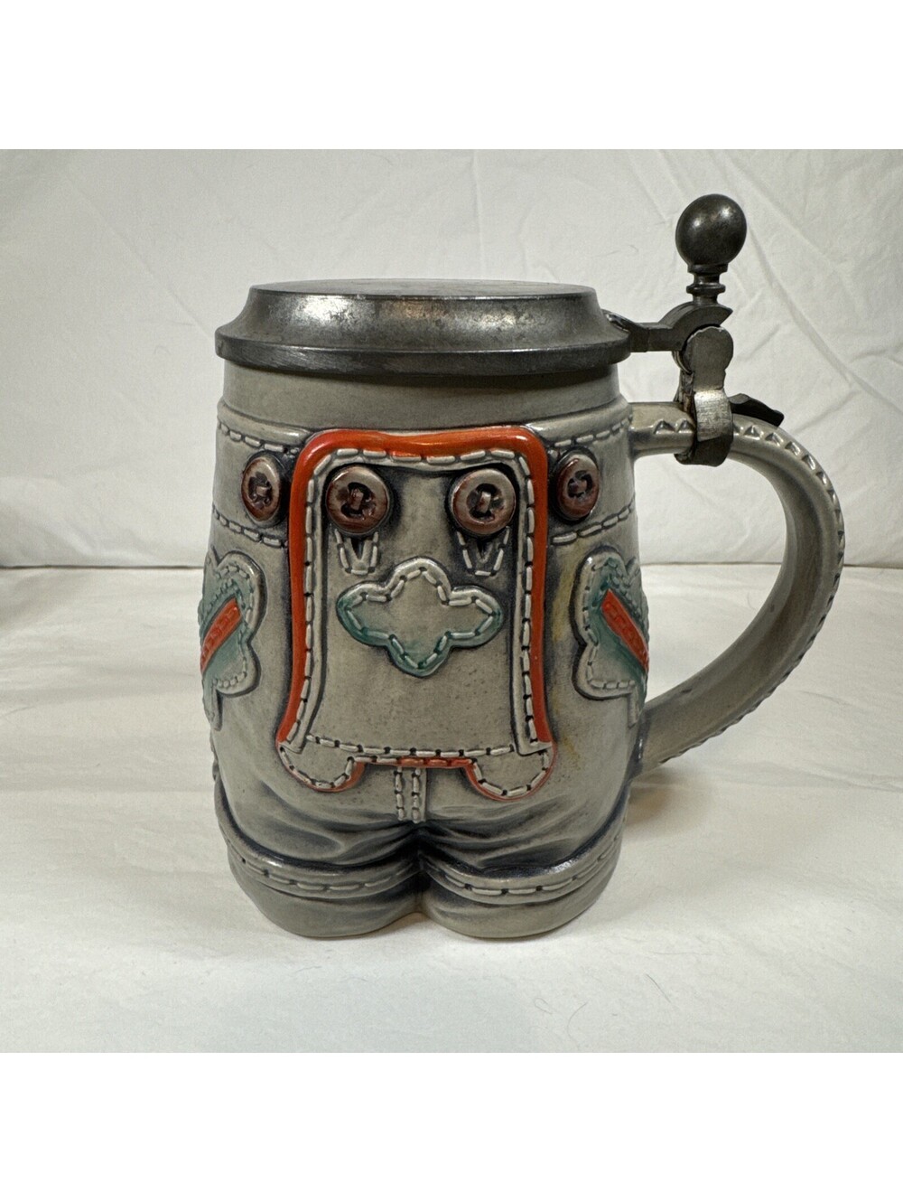 Vintage German Lederhosen Ceramic Beer Stein Pewter Metal Lid Oktoberfest